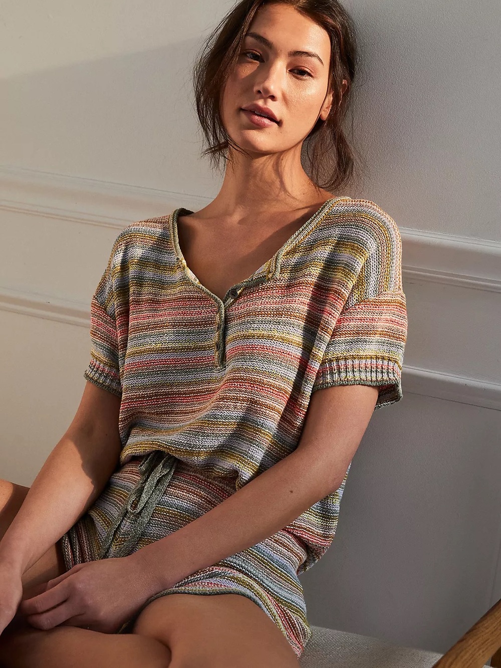 Daily Practice by Anthropologie Knit Lounge Set Striped Shorts Oversized Sz XS